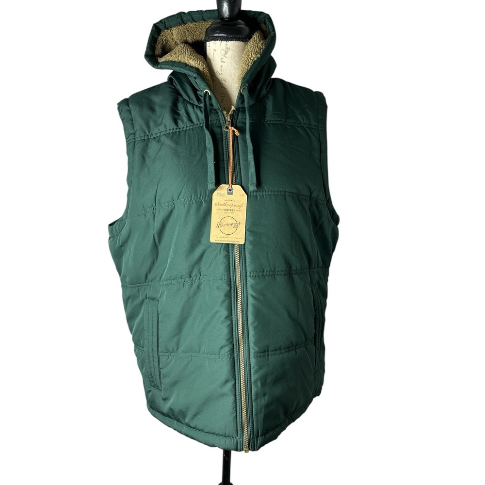 NWT! Weatherproof Vintage Sherpa-Lined Hooded Puffer‎ Vest Men's Green Large